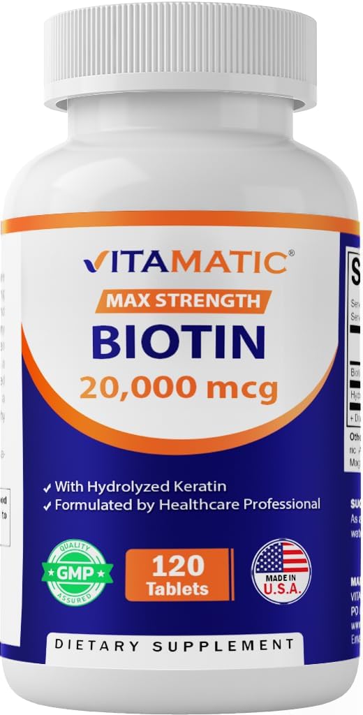 Vitamatic High Potency Biotin 20000 mcg (20mg) met Keratine 100mg - 120 Vegetarische tabletten - Biotine supplementen voor gezonde haarhuid & Nails voor volwassenen (120 Telling (Pack of 1))