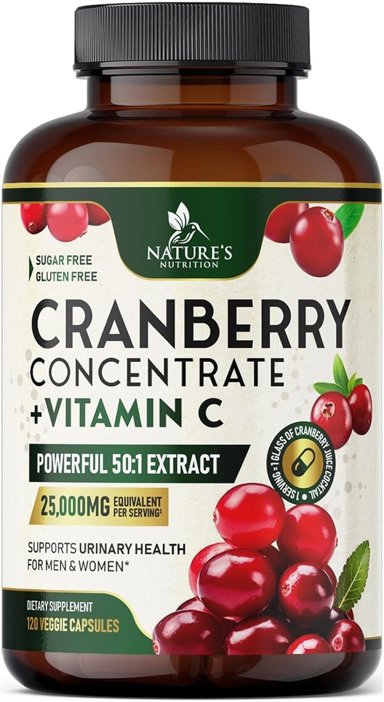 Pilules de supplément de canneberge 25 000mg - Canneberge à haute teneur en vitamine C pour les femmes et les hommes, soutien de santé de piège urinaire, sans sucre, sans gluten, sans OGM, extrait concentré de canneberge - 120 capsules
