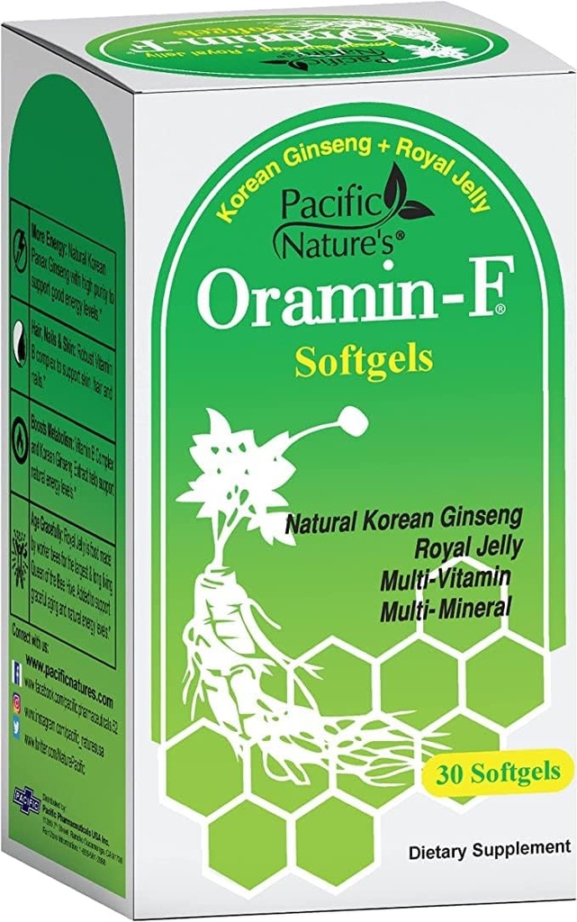 Pacific Nature's Oramin F (30 Softgels) met Koreaanse Ginseng, Royal Jelly, Vitamin B Complex en Zink voor Energie, Immuniteit, & Voedingsondersteuning