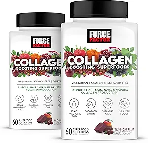 FORCE FACTOR Collagen Boosting Superfoods, Vegan Collagen Booster pour les femmes, avec la biotine, l'acide hyaluronique et la vitamine C, pour les cheveux, la peau, les ongles et le soutien articulaire, les fruits tropicaux, 120 chews doux, 2-pack