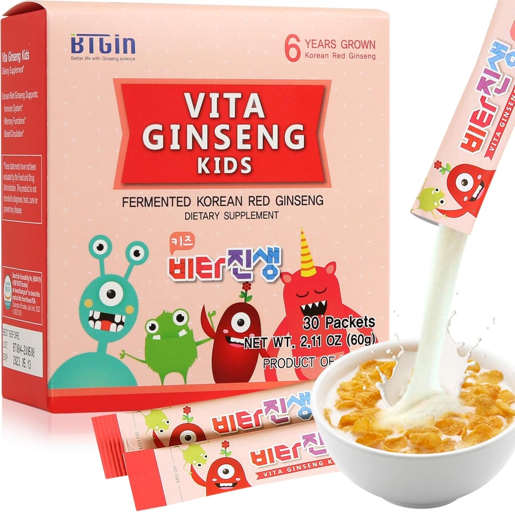 Vita Ginseng Kids, Vitamine D, Zink, 7 Bessen, Banaan, 20 Groenten, Melkpoeder voor Immune Support, Focus and Memory Boost, 30 Packets (1Set)