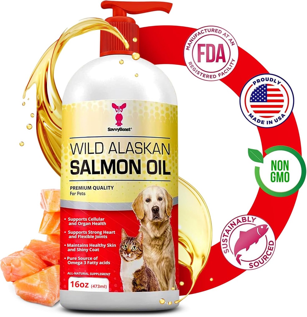 SavvyBeast Wild Alaska Salmon Oil for Dogs, Cats & Ferrets Omega-3 Fish Oil Pet Supplement with EPA & DHA 