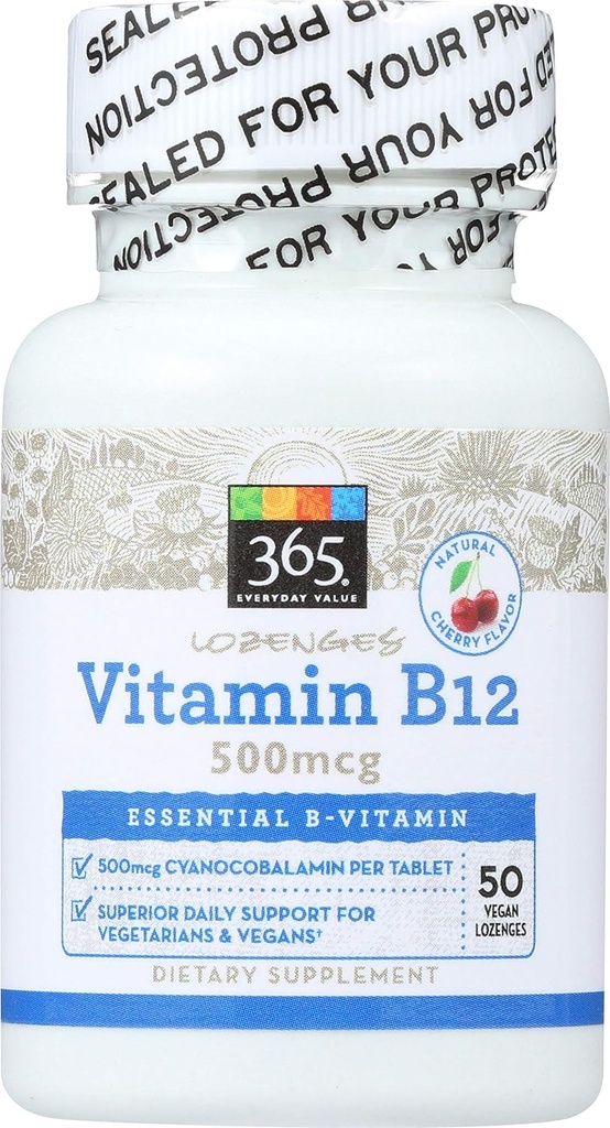 365 door Whole Foods Market, Vitamine B12 500mcg Lozenges, Cherry Flavor, 50 ct