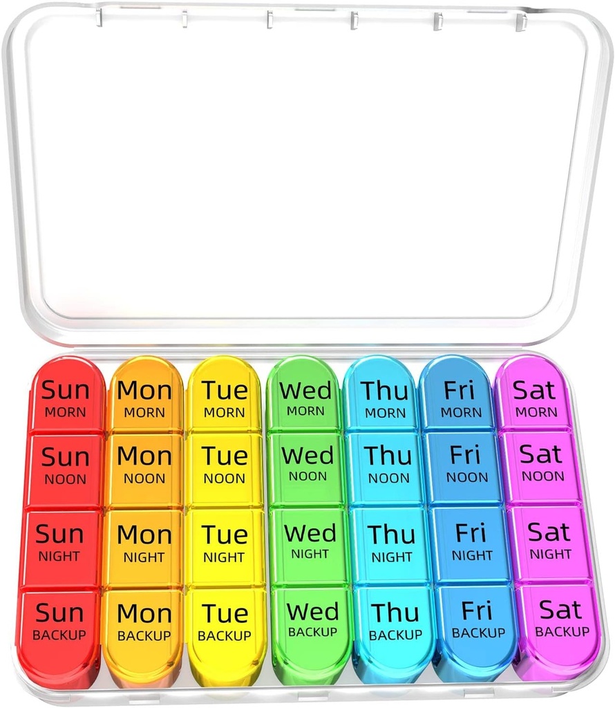 Odaro Weekly Pill Organizer 4 fois par jour, quotidien Pill Box 7 jour, grand cas de pilule de voyage avec 28 compartiments pour tenir la médecine, la vitamine et le supplément - cas blanc