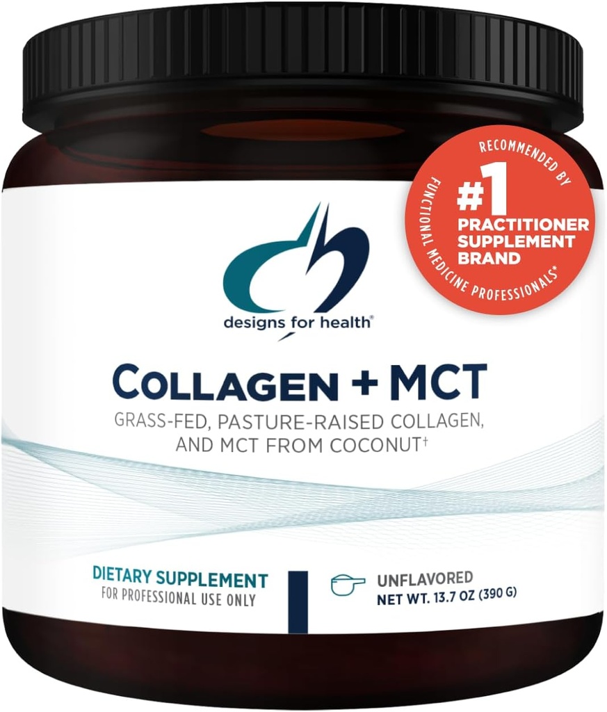 Designs for Health Collageen + MCT, Unflavored - Gehydrolyseerd Grass-Fed Collageen Peptiden met MCT Oil Powder ter bevordering van de geestelijke focus, duurzame energie, huid & Gut Health (30 porties)