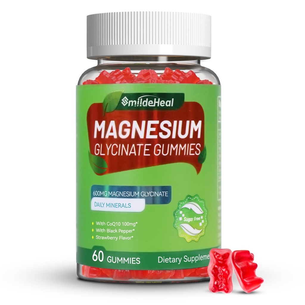Magnesium Glycinate Gummies 600mg voor vrouwen en mannen, met Magnesium L-Threonate 300mg, CoQ10 en Black Pepper, Vegan (60 Telling)