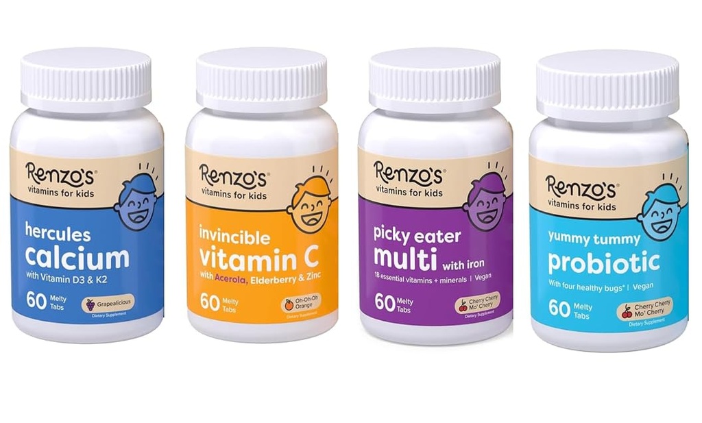 Renzo's vitamine Kid Essential Bundle - Probiotische, vitamine C met vlierbes en zink voor Immune Support, Picky Eater Kids Multivitamine, en Hercules Calcium