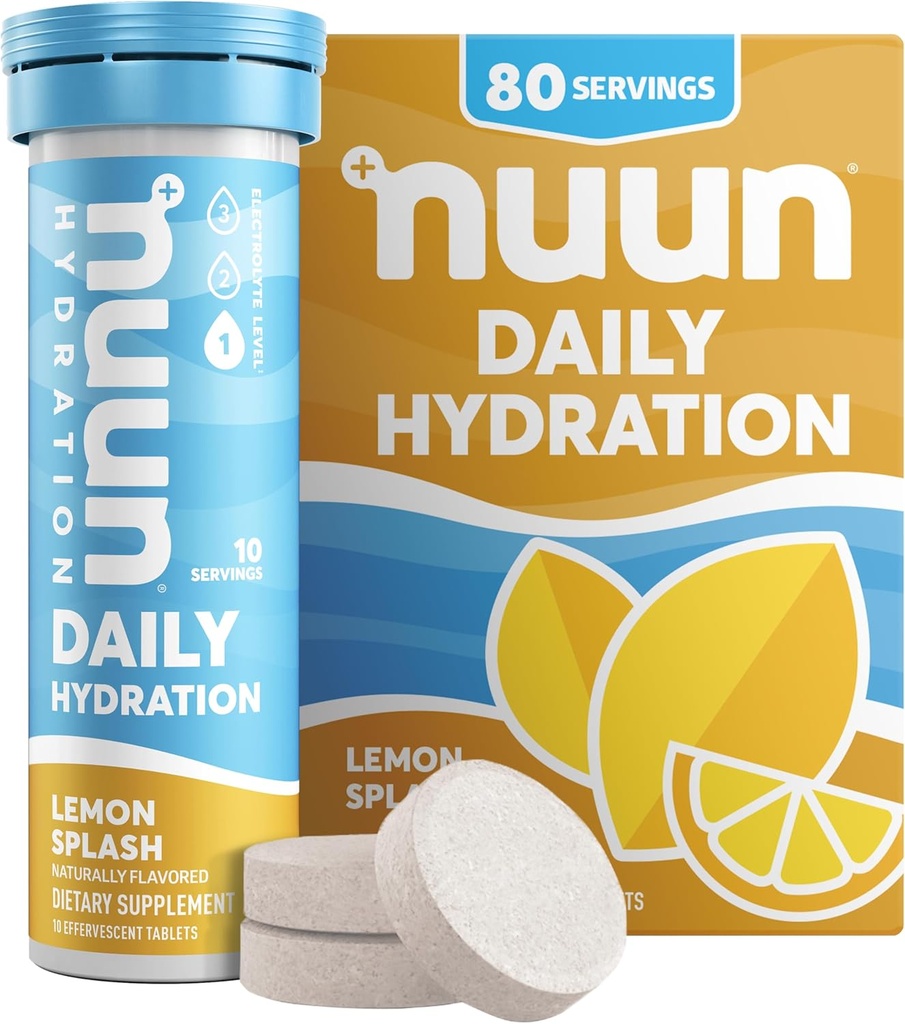 Nuun Daily Electrolyte Tablets with Magnesium, Calcium, Kalium, Chloride & Natrium, Glutenvrij, Suikervrij, & Veganistisch, Lemon Splash Flavor, 8 Pack (80 Servings Total)