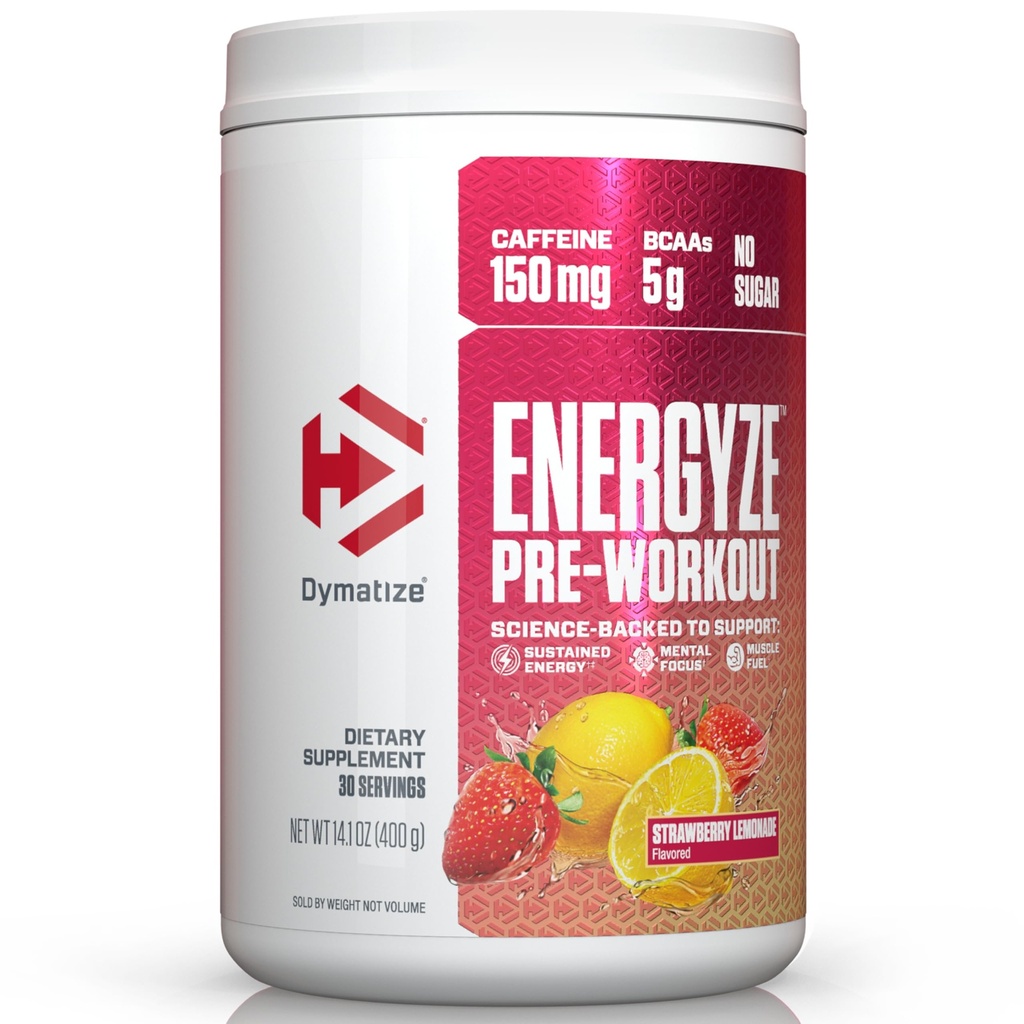 Dymatize Energyze Pre Workout Powder for Men and Women, Strawberry Lemonade, 150mg Cafeïne, 5g BCAA's, Performance Blend van L-Theanine, L-Tyrosine, L-Citrulline, No Sugar (30 Servings)