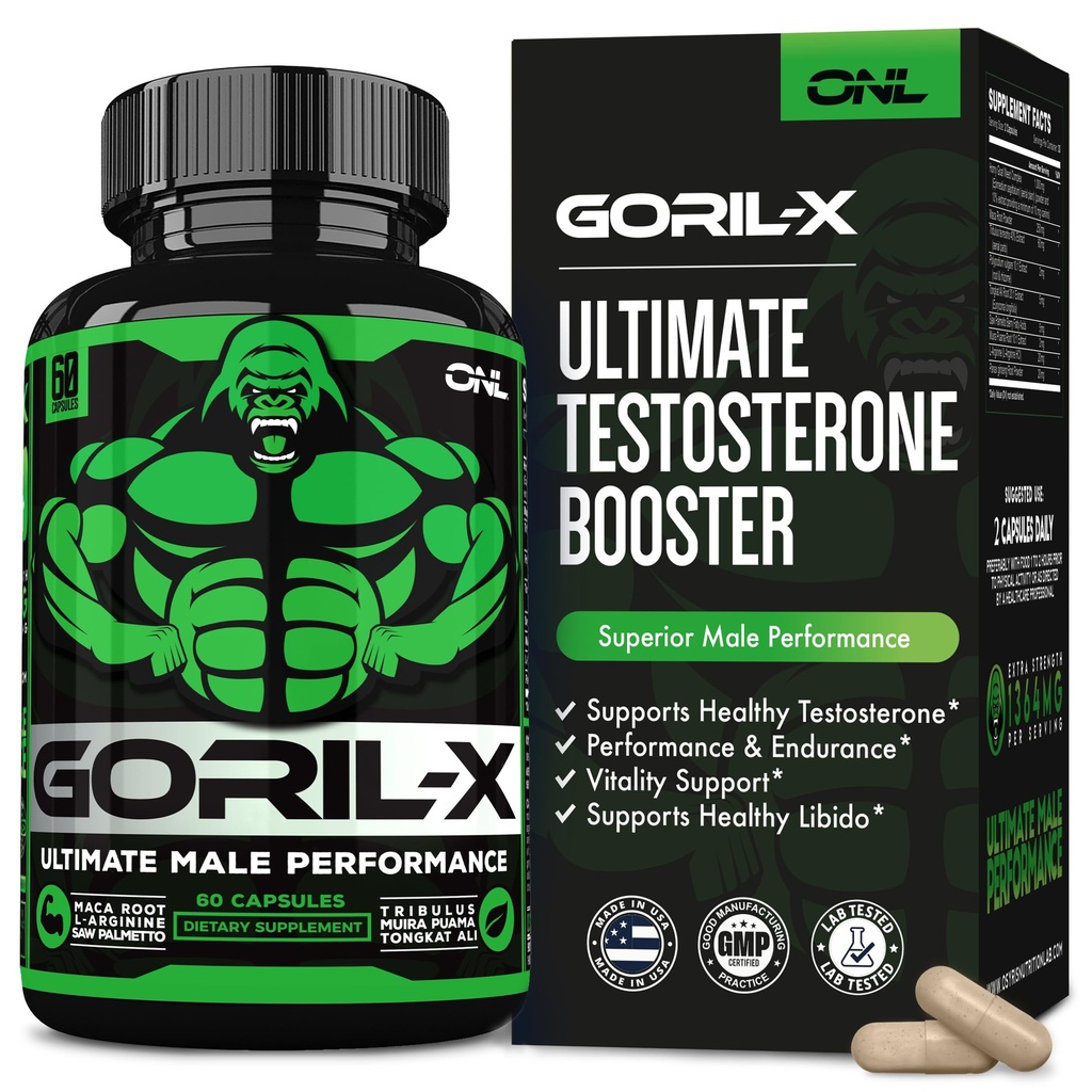 GORIL-X Testosteron Booster voor mannen - Workout Testosteron Supplement - Verhoog de grootte, sterkte en energie - 1000mg Mannelijke verbetering van geile geitenkruid - Maca Root, Tongkat Ali & Tribulus Terrestris 60 Caps