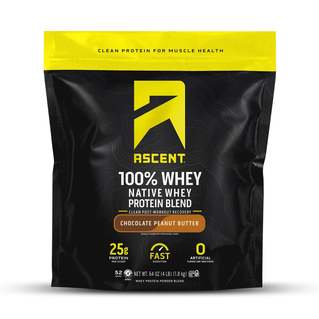Ascent 100% Wei Proteïne Poeder - Post workout Wei Proteïne Isolaat, Zero kunstmatige smaken en zoetstoffen, Glutenvrij, 5.5g BCAA, 2.6g Leucine, Essentiële Aminozuren, Chocolade Pindaboter 4 lb