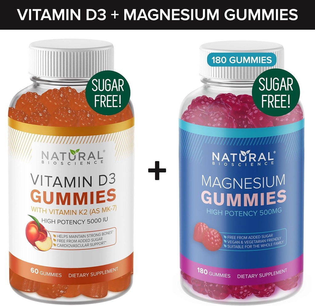 Suikervrije vitamine D3 K2 Gummies (60 Gummies) en suikervrije extra sterkte Magnesium Gummies (180 Gummies), vitamine D3 Gummies 5000 IE+K2 MK7 80 mcg, Magnesium Citrate Gummies 500 mg