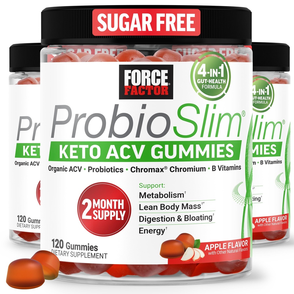 Facteur de force ProbioSlim Keto Gommies de vinaigre de cidre de pomme biologique Gommies de vinaigre avec probiotiques de LactoSpore et prébiotiques pour soutenir la digestion, le métabolisme et la santé immunitaire, 1 carbure net, saveur de pomme, 360ct