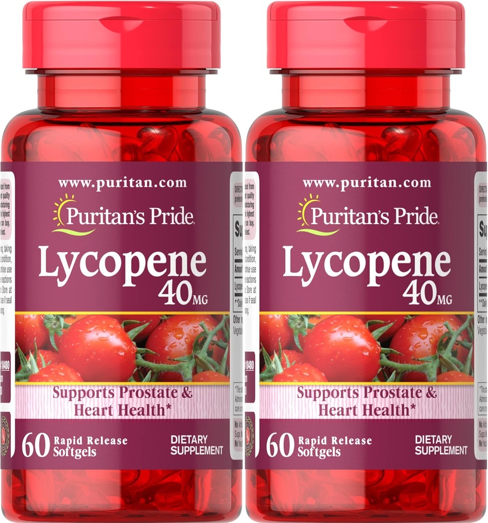 Puritan's Pride Premium Lycopène 40mg, complément alimentaire pour la prostate, l'antioxydant, la santé cardiaque, et le soutien sanitaire global, 2 mois d'approvisionnement, 60 softgels à libération rapide, 2 Pack