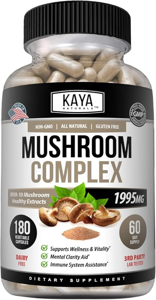 Kaya Naturals Premium Mushroom Complex Potent - Mushroom Supplement - Mushroom Complex Capsules 1995mg Per Serving - Aids Mental Clarity Ondersteunt Immune System, Wellness & Vitality - 180 Tel.
