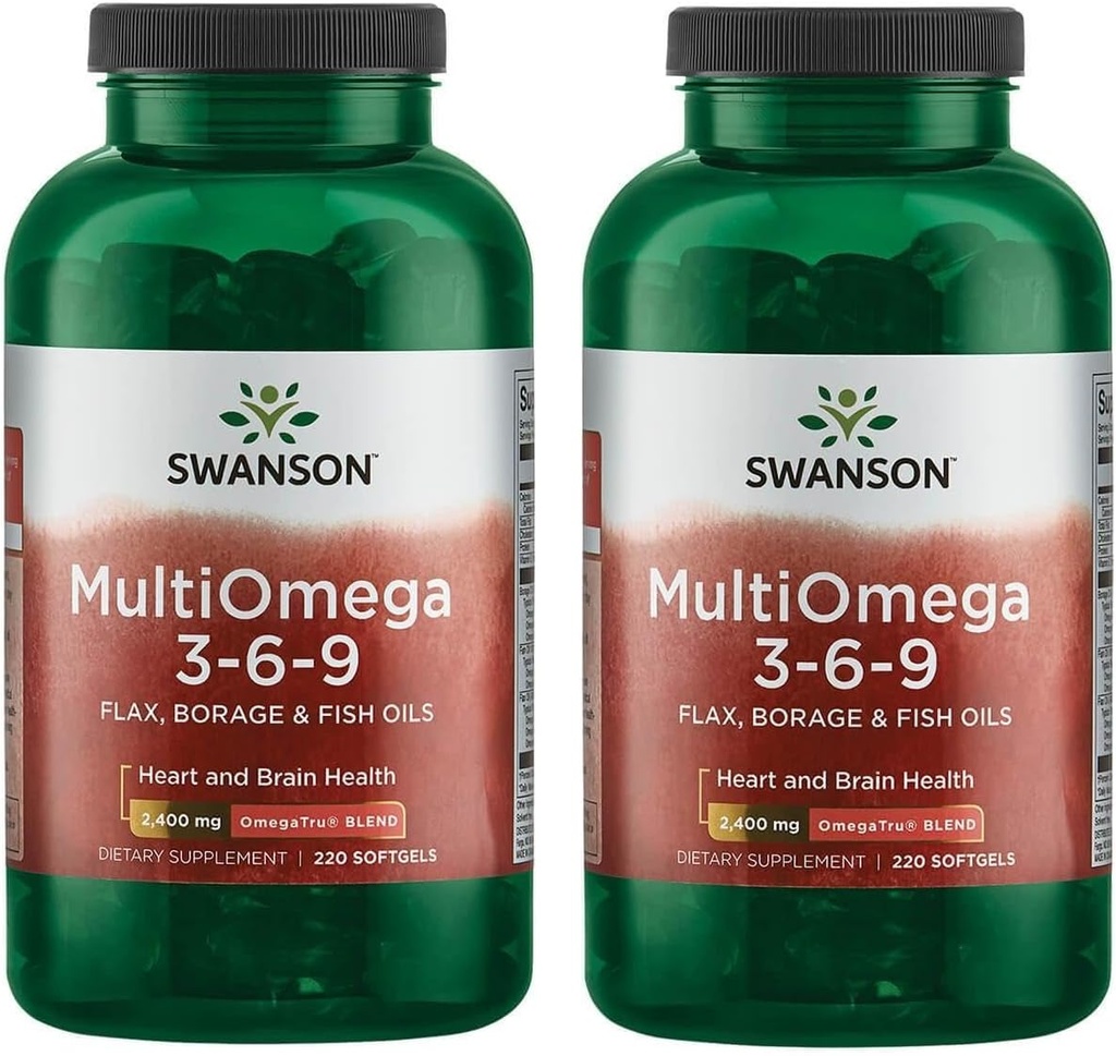 Swanson MultiOmega 3-6-9 - Non-GMO Flax, Borage & Fish Oil Capsules - Essential Fatty Acids Supporting Cardiovasculair Health & Brain Health - (220 Softgels, 2400mg Serving) 2 Flessen