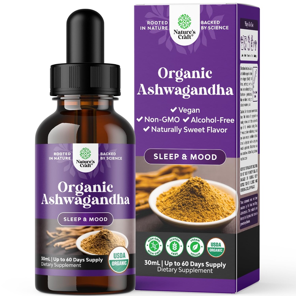 Bouteilles liquides d'Ashwagandha bio - Extrait de racine d'Ashwagandha pour le stress et l'humeur - Délicieux gouttes d'adaptogène pur pour adultes - Teintures à base de plantes sans alcool pour le repos - Bouteille de 30 ml