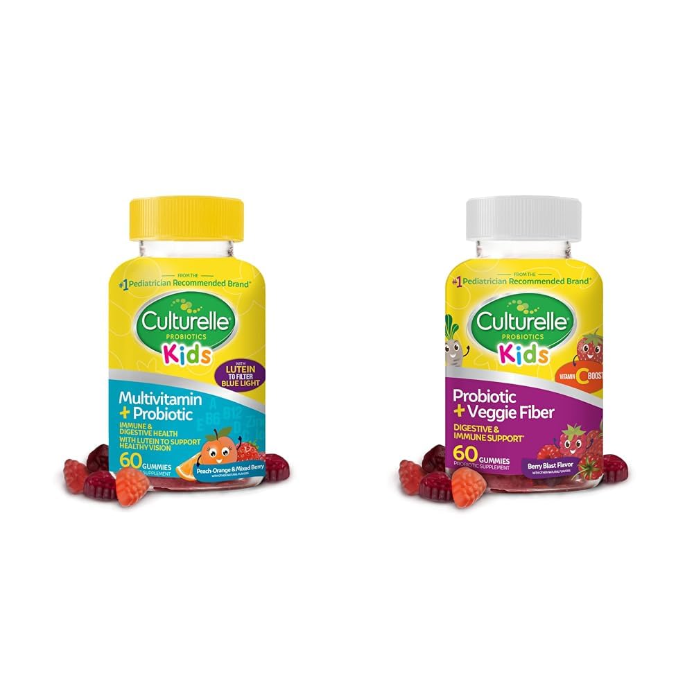 Culturelle Kids Probiotic Gummies for Ages 2+ - Peach-Orange & Mixed Berry Flavors & Daily Probiotic for Kids + Veggie Fiber Gummies (Ages 3+) - 60 Tellen - Digestief