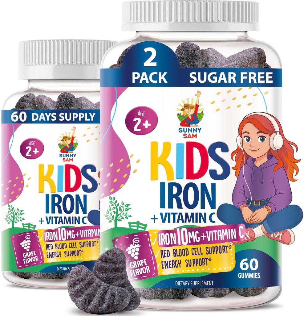 SUNNY SAM Gommies de fer pour les enfants et les adolescents - 10mg Vitamines avec vitamine C - Supplément de gommy de fer à croquer faible sucre pour le soutien immunitaire, soutient la production de globules rouges pour les enfants et les adolescentes