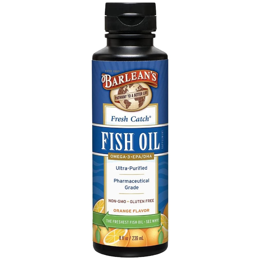 Barlean's Omega 3 Fish Oil Liquid Supplement, 1262mg EPA en DHA vetzuren, niet-GMO en glutenvrij, sinaasappelsmaak, 8 oz