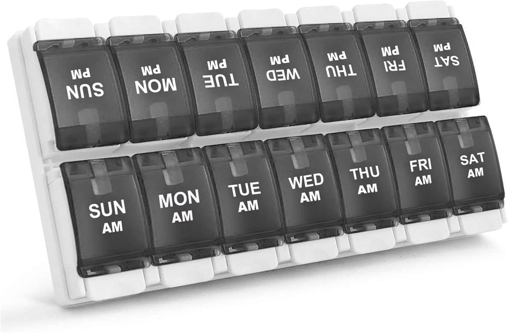 Sukuos AM Wekelijkse 7 dagen pil Organisator, 2 keer Een dag pil Box met Artritis Vriendelijk Push Knop, Geneeskunde Cases voor Vitamine/Visolie/Suplements, Gemakkelijk te reinigen (Zwart)