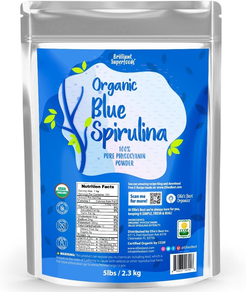 Organisch Blue Spirulina Powder Superfood Supplement - 5LB Bulk - Odorless - Veganistisch, Niet GGO, Glutenvrij, Dairy-Free, Briljant Blue Food Coloring - Pure Water Extracted
