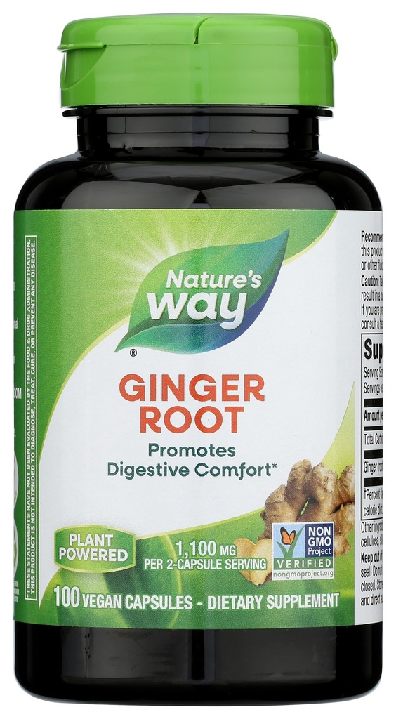 Nature's Way Ginger Root, favorise le confort digestif*, 1 100 mg par portion de 2 capsules, projet non-OGM vérifié, végétalien, 100 capsules