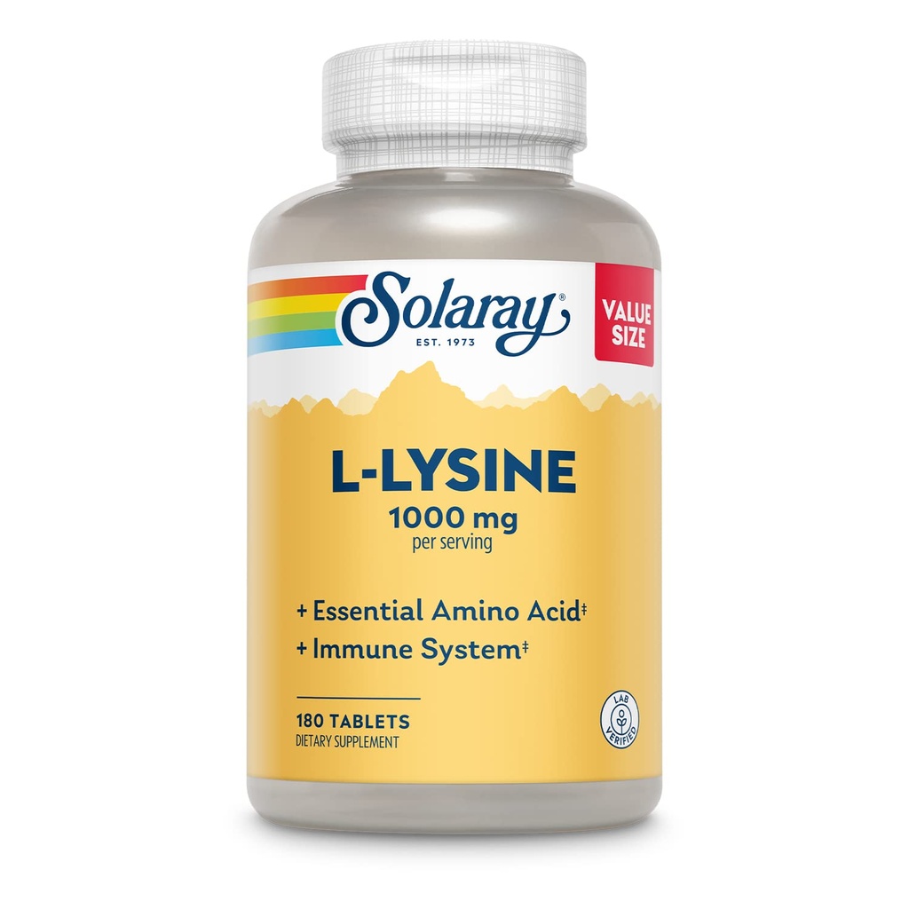 SOLARAY L-Lysine, formule libre 1000 mg, supplément de soutien immunitaire à l'acide aminé essentiel avec vitamine C 1000 mg et Zinc 25 mg, taille de la valeur, laboratoire vérifié, garantie de 60 jours, 60 portions, 180 comprimés