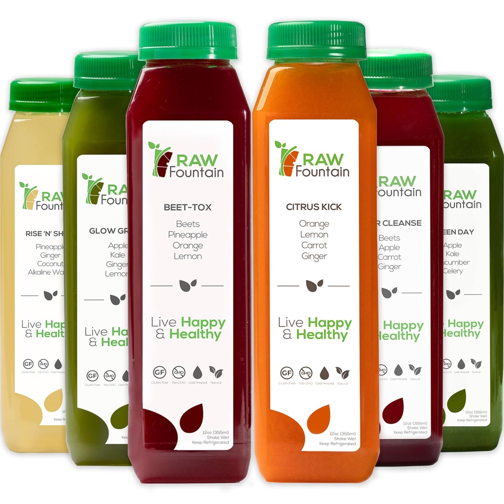 1 dag sap reiniging door ruwe fontein, alle natuurlijke ruwe detox reiniging, sap voor lichaam resetten, koud geperst sap snel, geweldige manier om te springenstart een gezonde voeding 6 flessen 12oz