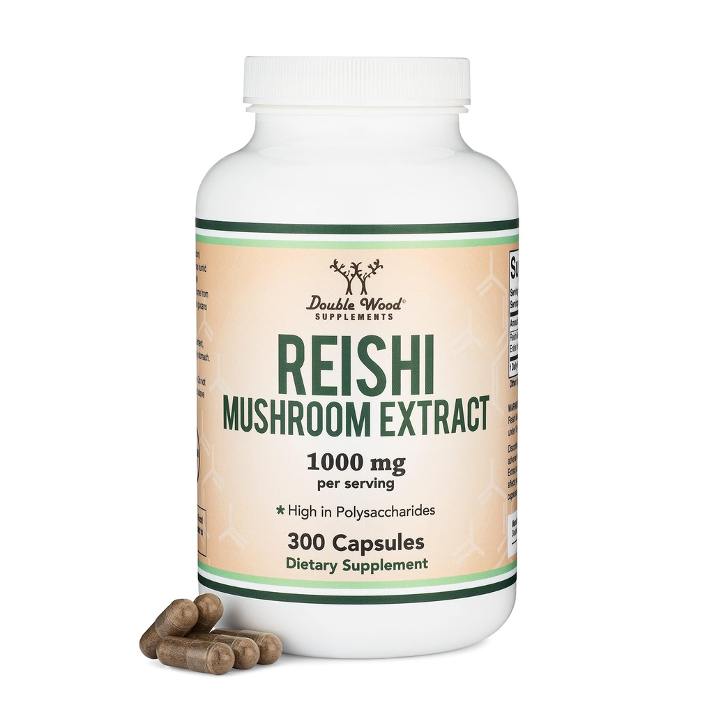 Reishi Mushroom Capsules (4:1 Ganoderma Extract, 1000mg Red Reishi Powder Servings) 300 Telling, 5 Maand Supply, Krachtige Mushroom Supplement voor Immune System Support en Verdediging door Dubbel Hout