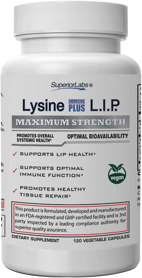 Superior Labs Lysine Immune Plus Lip, klinisch bewezen Lip Health & Support, L-Lysine Bound to HCI voor optimale stabiliteit en absorptie voor snelle resultaten, bioactief met Zero Harmful Additieven