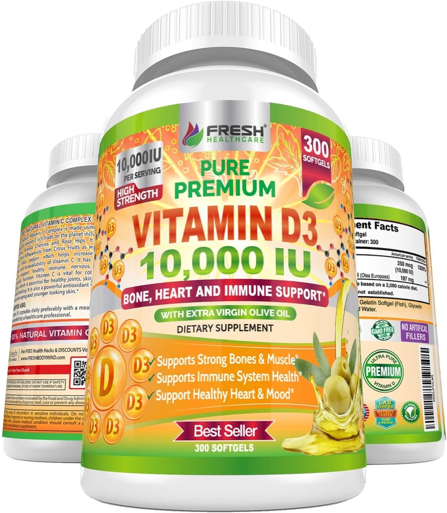 Verse gezondheidszorg Vitamine D3 10000 IE (250 mcg) met extra maagdelijke olijfolie - Immune Support - 300 Softgels voor gewrichten, bot, spier en goede gezondheid - niet-GMO vitamine D supplement