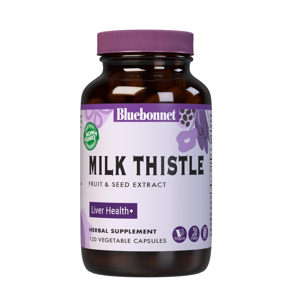 BlueBonnet Nutrition Milk Thistle Fruit & Seed Extract, Liver Health*, Non-GMO, Vegan, Kosher Gecertificeerd, Glutenvrij, Sojavrij, 120 plantaardige capsules, 120 porties