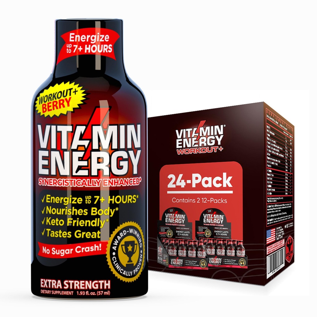 Vitamine Energy Workout+ Extra Strength Energy Shot Berry 24 Pack, 260mg Caféine naturelle, Pré-entraînement, B-Vitamines, Minéraux, Endurance & Performance, Zéro Sucre, Sans gluten, Vegan, 1.93 fl oz