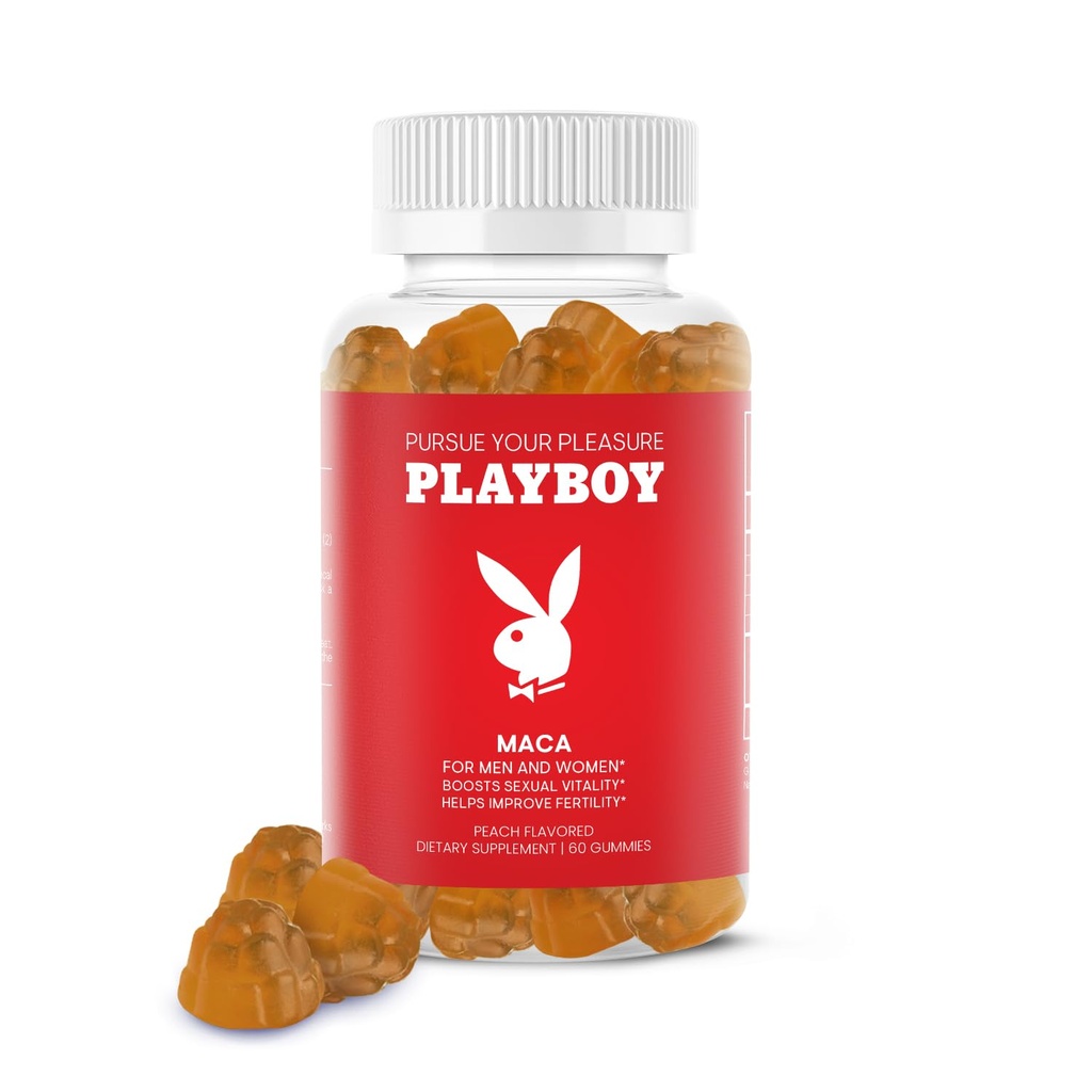 Playboy - Maca Root Gummies voor vrouwen en mannen (60 Count - Perzik smaak) - Boost Seksuele vitaliteit, Libido, Vruchtbaarheid - Maca Gummies Supplement - 100% Natural, Vegan Non GMO - 4:1 Extract Maca Peruana