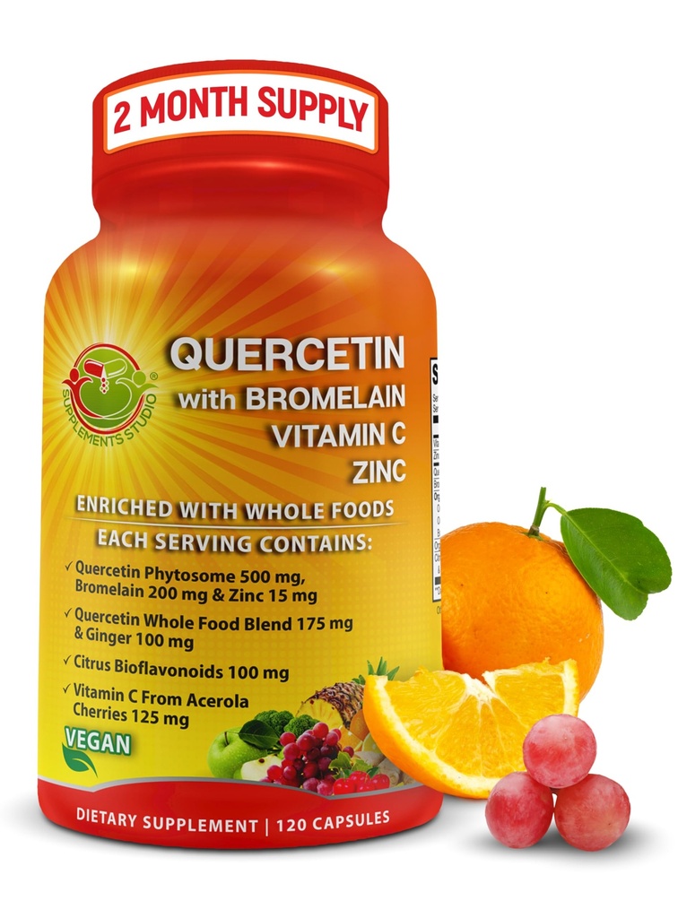 Quercetine met bromelaïne vitamine C en zink verrijkt met biologische Whole Foods - 1215mg per portie - quercetine Phytosome 500mg Capsules met gember en flavonoïden voor Immune Ondersteuning - 120 Tel.