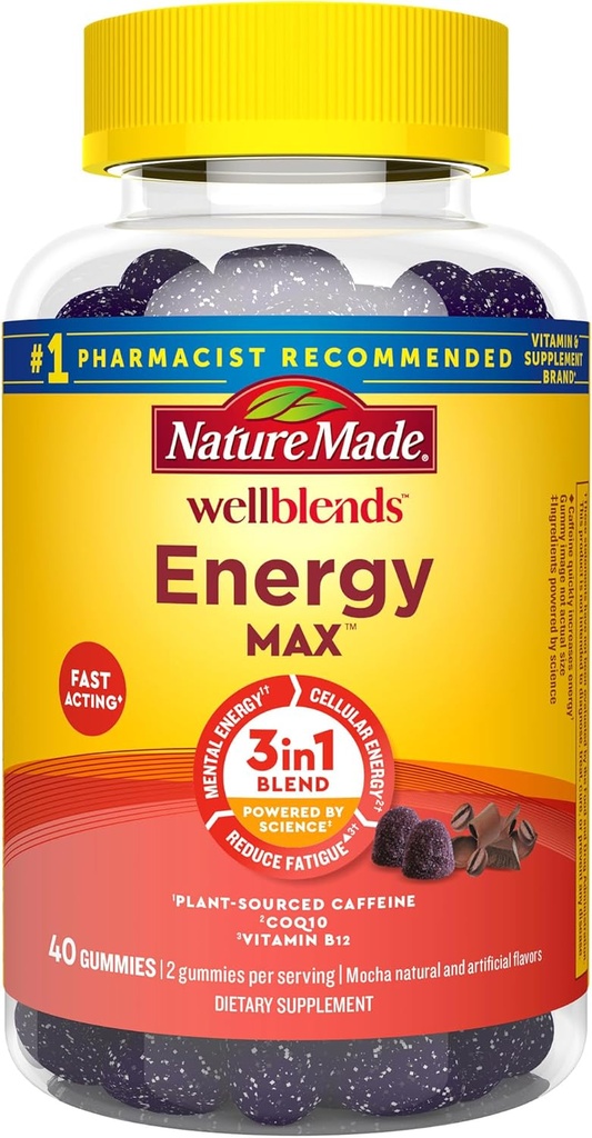 Nature Made Wellblends EnergyMAX Gummies, Fast Acting Cafeine, CoQ10 & Vitamine B12 1000mcg, Energy Support Gummy Vitaminen, 40 Gummies