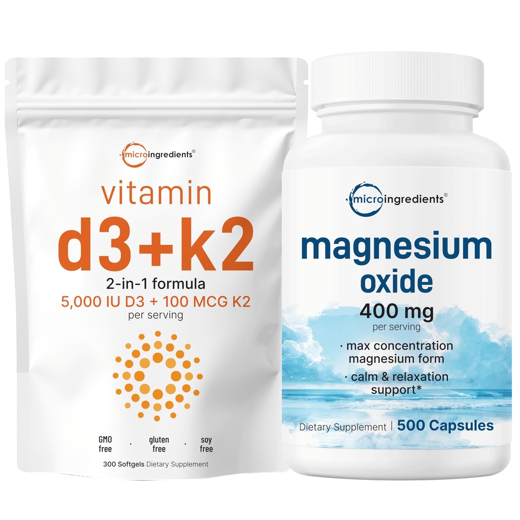 Micro-ingrédients Vitamine D3 5 000iu + K2 100mcg Softgels & Magnésium Oxide 400mg Pack d'ensembles