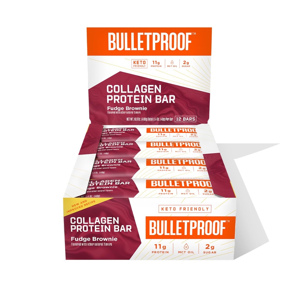 Kogelvrij Fudge Brownie Collageen Protein Bars, Pak van 12, Keto-Friendly Snack met MCT olie, Grass-gevoed Collageen, Geen toegevoegde suiker
