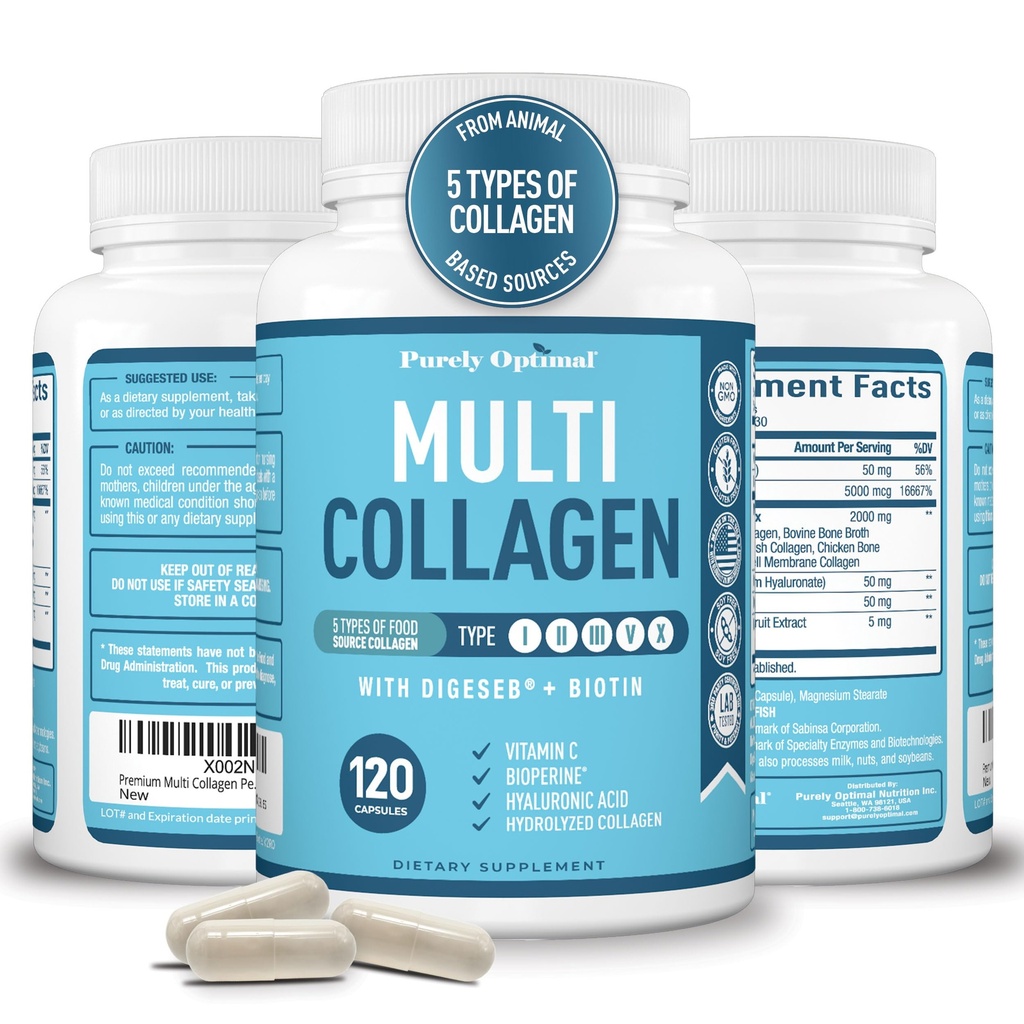 Premium Multi Collageen Peptiden (Typen I, II, II, V, X) - Collageen Pillen voor huidverzorging, haargroei, nagels en gewrichten - Vitamine C, Hyaluronzuur, Biotine, Glutenvrij - 120 Collageen Capsules