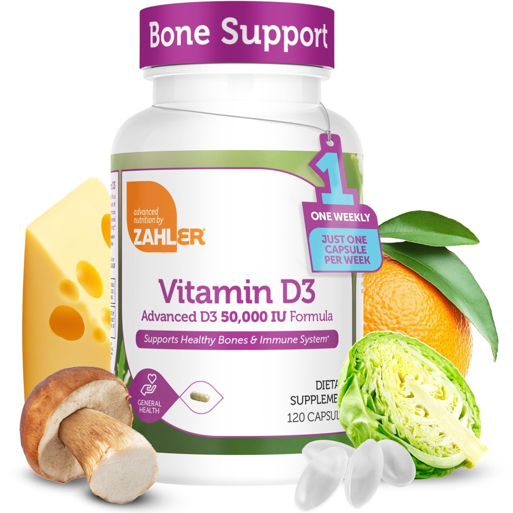 Zahler - Avancé Vitamine D3 50000 UI capsules (120 Comte) Kosher Végétarien Végétarien Vitamine D pour le soutien immunitaire, os, dents et la santé musculaire - Supplément Vitamine D3 hebdomadaire- Facile à avaler Vitamine D3.