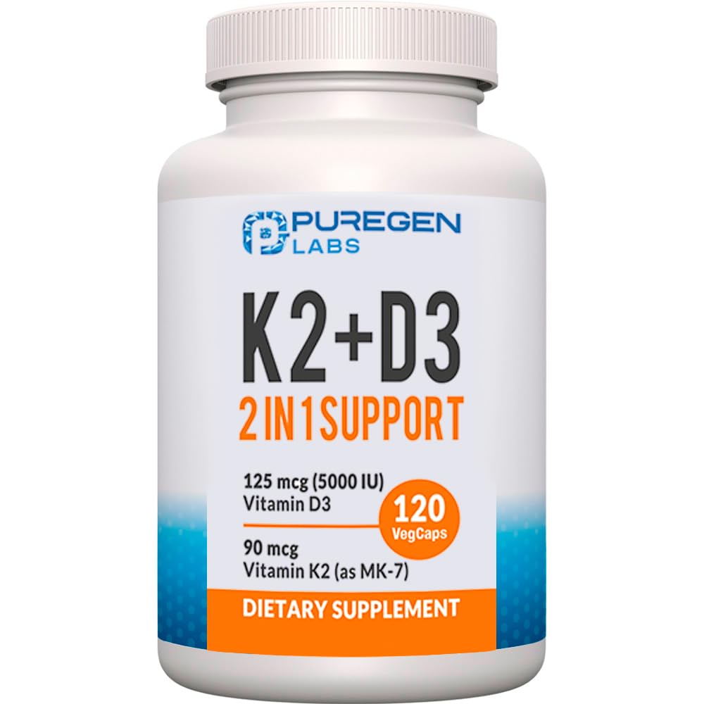 2 in 1 High Potency Formula 90mcg Vitamine K2 (MK7) en 5000 IU Vitamine D3 Supplement I Non-GMO Formule, Eenvoudig doorslikken Vitamine D & K Complex, 120 Capsules I 4-maand supply