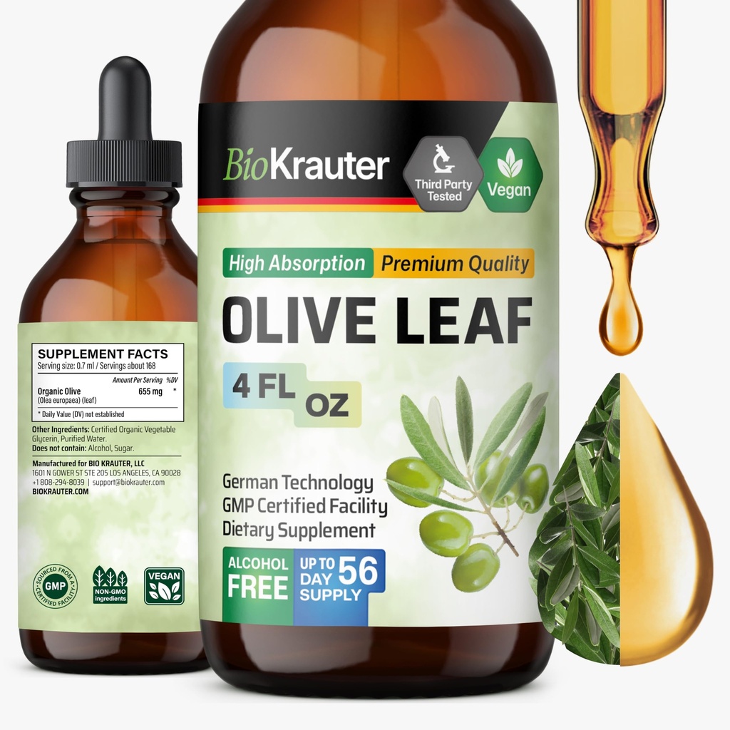 BIO KRAUTER Olive Leaf Extract Liquid - Olive Leaf Tinctuur voor Immune Ondersteuning - Alcohol en Suikervrij - Vegan Drops 4 Fl.Oz.