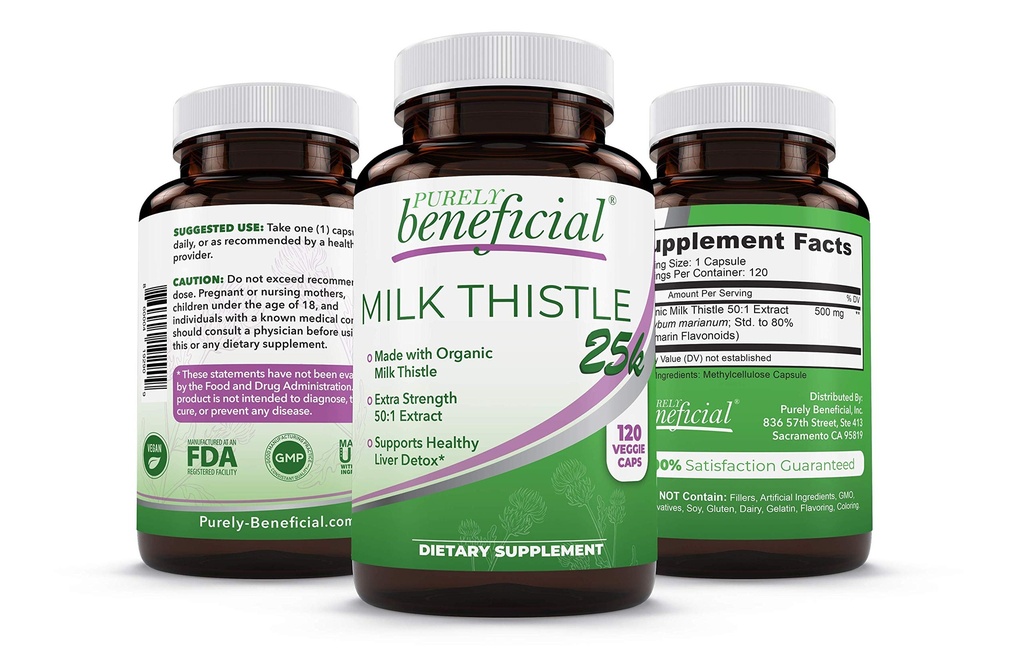 PURELY heilzame Biologische Melkdistel Capsules, 50:1 Melkdistel Extract, Leverreiniging & Antioxidant Ondersteuning, 120 Veg Capsules, Vegan & Non-GMO