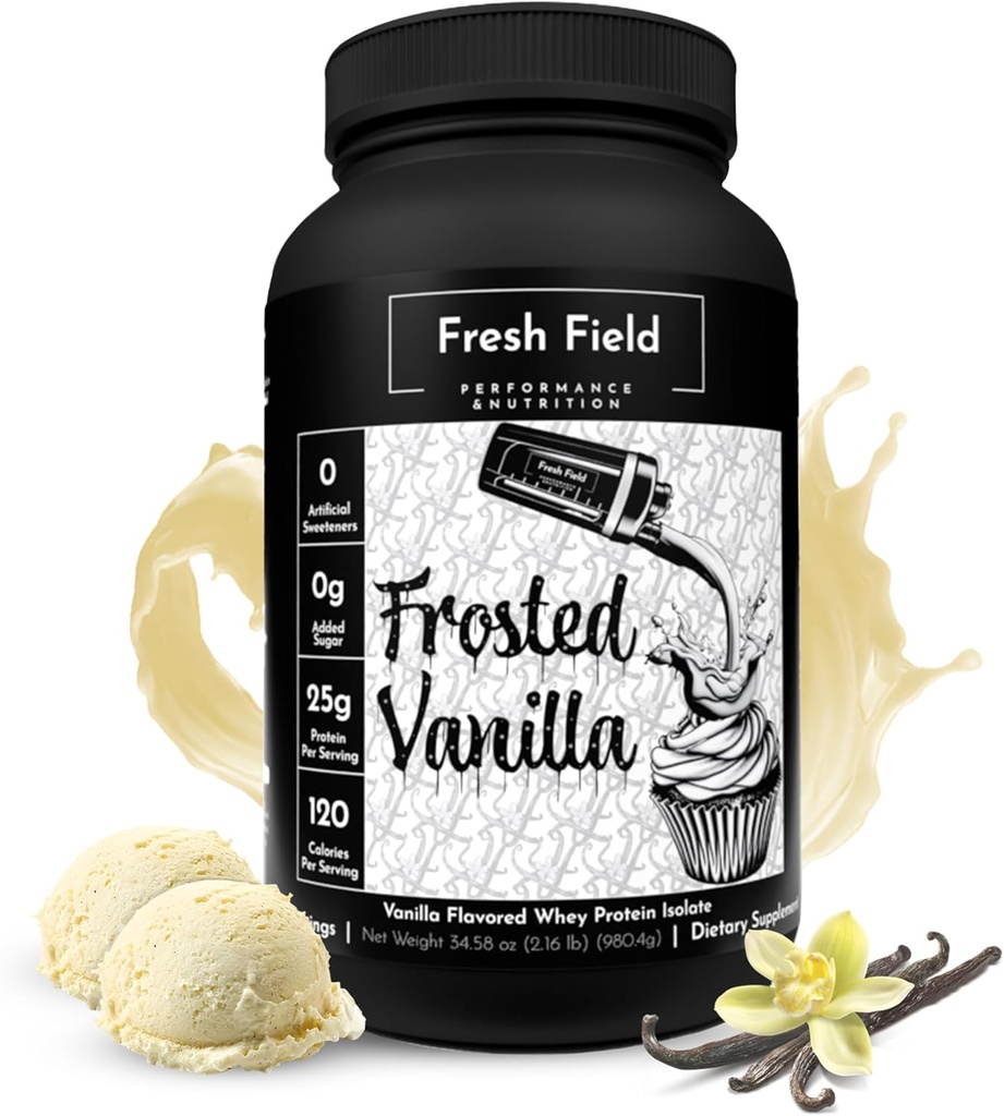 Fresh Field Vanille Proteïne Poeder - 25 g Wei Proteïne Isolaat, Glutenvrij & Sojavrij, Suikervrij, 30 porties - Natural Wei Proteine Powder for Workout Fitness & Nutrition Shakes - 2,16 lb