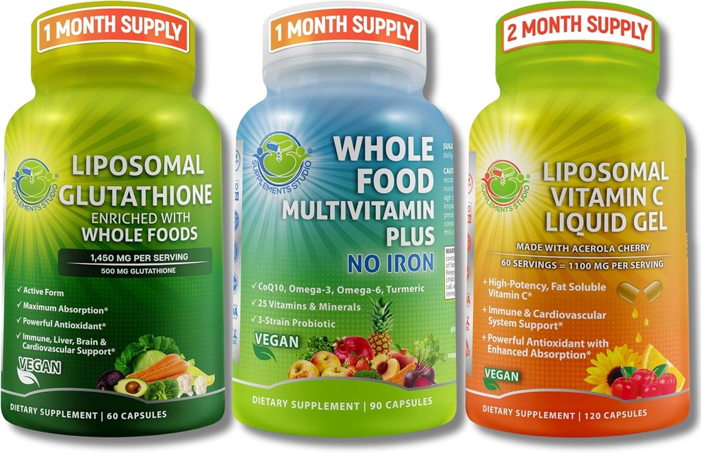 Dagelijkse Immune, Antioxidant & Energy Support Bundel 500mg Liposomale Glutathion met hele voeding + Liposomale Vitamine C 1100mg Liquid Gel + Vegan Whole Food Multivitamine zonder ijzer