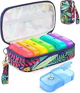 Weekly pil Organizer 7 Dag 2 keer per dag met Maple-Leaf bedrukte tas, AMOOS AM PM pil houder met lichtdichte canvas zak, BPA-vrije grote pil doos voor vitamine, supplement, medicatie, visolie
