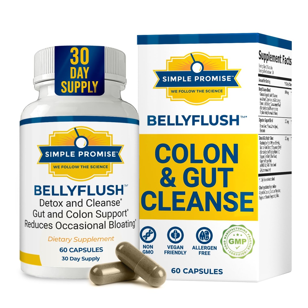 BellyFlush - Gentle Colon & Gut Cleanse Supplement met melkdistel & Bentonite klei - Ondersteunt Constipatie, Debloat, Digestief Detox & Flushing - 60 capsules