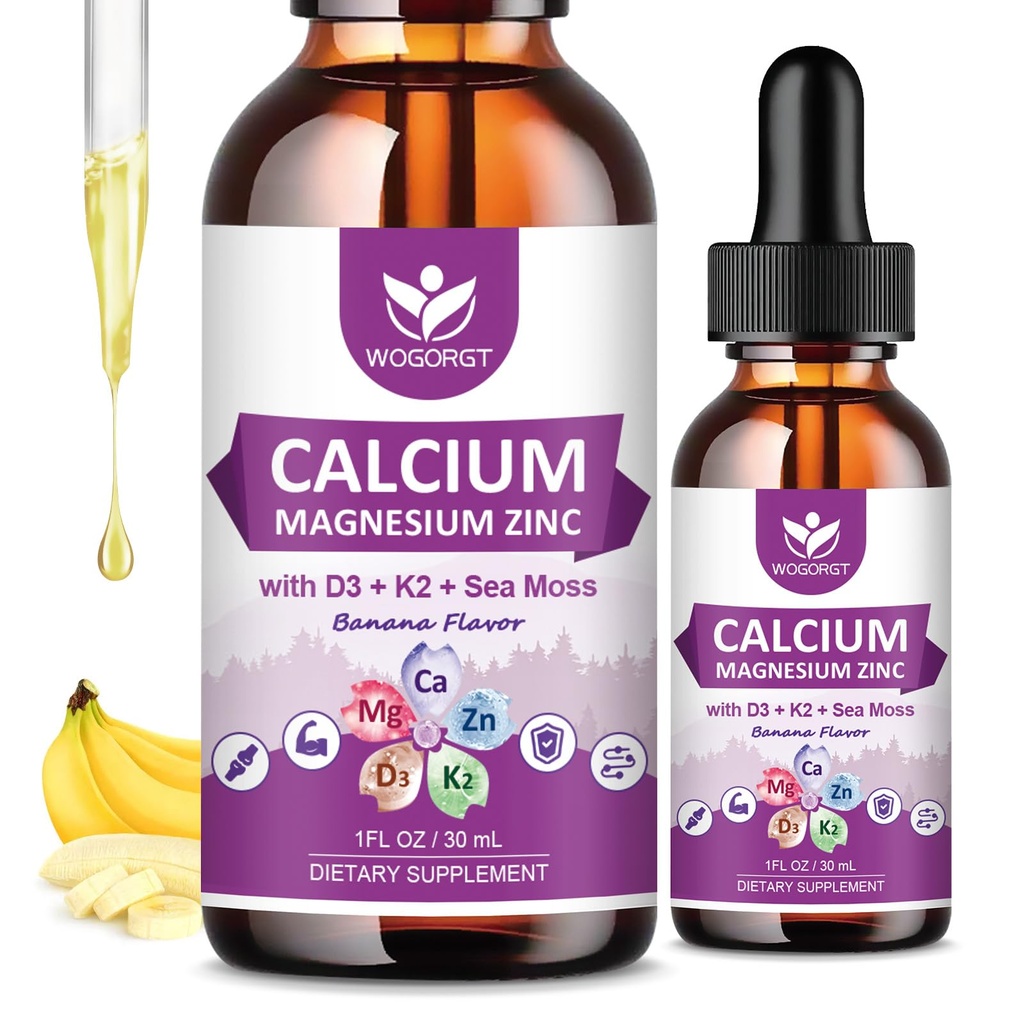 Calcium citraat 1000mg met vitamine D3 voor vrouwen en mannen - Liquid Calcium Magnesium Zink D3 K2 Supplement voor bot, Tanden Ondersteuning, Suikervrij, Veganistisch, Banana Flavor - 1 Fl Oz (2 Pack)