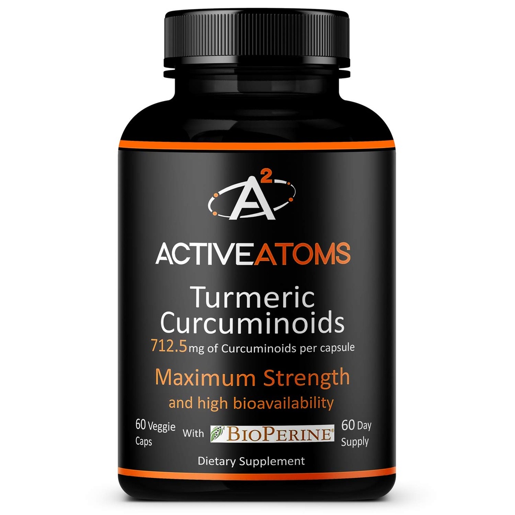 Actieve Atomen Kurkuma Extract, Extra sterkte met BioPerine® Black Pepper 750 mg Kurkuma Extract per One 00" Capsule, Gestandaardiseerde 95% CurcumaÔden, Niet-GMO, 60 Veggie Capsules 60 Day Supply
